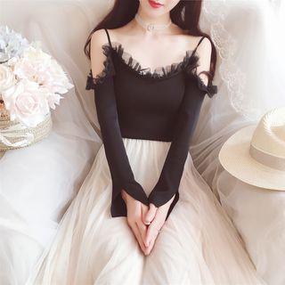Long-sleeve Cold-shoulder Frill Trim Knit Top