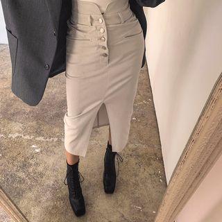 High-waist Button-fly Slit-front Skirt