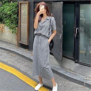 Set: Short-sleeve Gingham Shirt + Band-waist Skirt