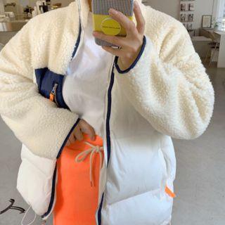 Sherpa-fleece Panel Padded Jacket Cream - One Size