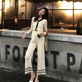 Set: V-neck Knitted Jacket + High Waist Wide-leg Pants