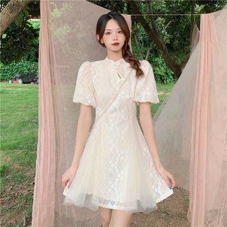 Plain Lace Pleated Mini Dress