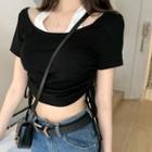 Short-sleeve Halter Mock Two-piece Drawstring Cropped Top