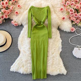 Long-sleeve Wrap Midi Knit Sheath Dress