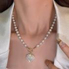 Heart Faux Pearl Pendant Necklace A3569 - White - One Size