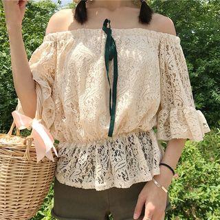 Off-shoulder Elbow-sleeve Lace Top