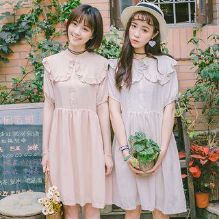 Plain Frill Trim Short Sleeve Collared Dress
