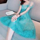 Short-sleeve Sheer Midi A-line Party Dress