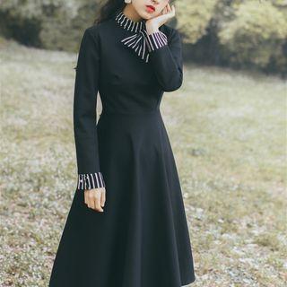 Tie-neck Striped Panel Long-sleeve A-line Midi Dress