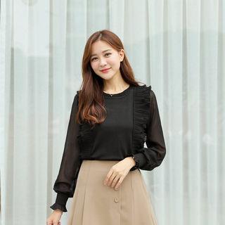 Sheer-sleeve Frilled-detail Knit Top