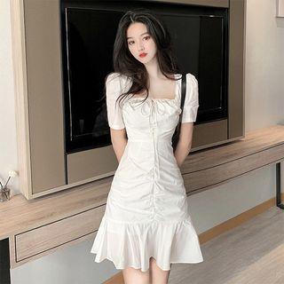 Short-sleeve Square Neck Plain A-line Mini Dress