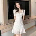 Short-sleeve Square Neck Plain A-line Mini Dress