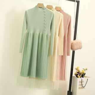 Mock-turtleneck Rib Knit Mesh Overlay Midi Dress