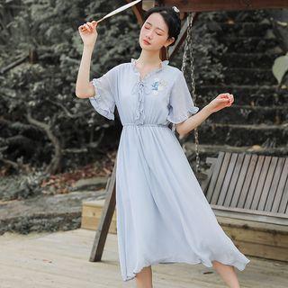 Embroidered Ruffle Trim Bell-sleeve V-neck Dress