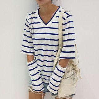 Striped Long-sleeve Cutout V-neck T-shirt