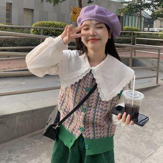 Long-sleeve Wide-collar Lace Trim Blouse / Houndstooth Button-up Sweater Vest