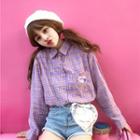 Heart Embroidered Plaid Shirt Purple - One Size