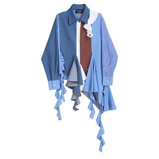Striped Panel Ruffle Asymmetrical Shirt Blue - One Size