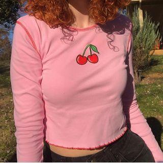 Long-sleeve Cherry Print Crop Top