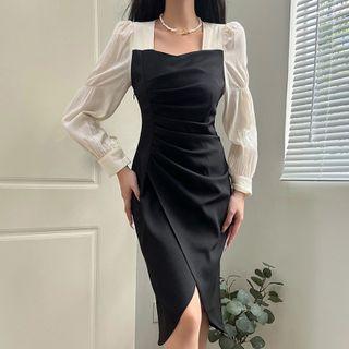 Long-sleeve Square Neck Two-tone Sheath Dress
