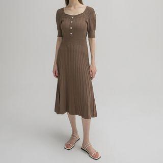 Square-neck Pointelle Knit Midi Dress