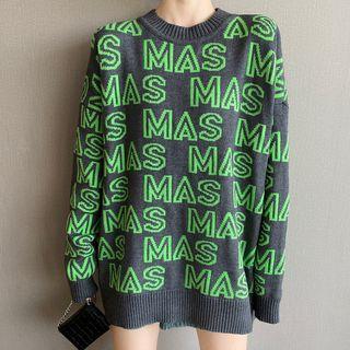 Mock-neck Oversize Lettering Printed Knit Sweater