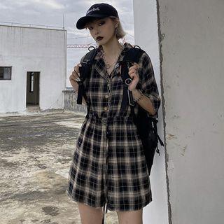 Drawstring Waist Lapel Collar Plaid Mini Dress