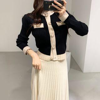 Contrast Trim Cardigan / Midi Knit Skirt