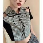 Short-sleeve Cold-shoulder Lace-up Plaid Cropped Top Dark Pink - One Size