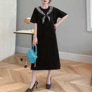 Short-sleeve Floral Print Panel Midi T-shirt Dress