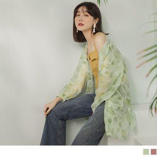 Leaf Printed Open Front Long Chiffon Top