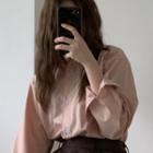 Plain Single-breasted Long-sleeve Blouse Pink - One Size