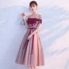 Off-shoulder Floral Accent Short-sleeve Midi A-line Dress