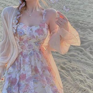 Spaghetti-strap Floral Mini A-line Dress / Bell-sleeve Jacket / Set