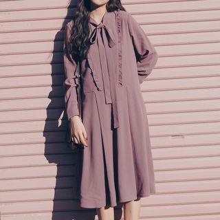 Long-sleeve Ribbon-neck Midi Dress
