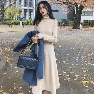 Turtleneck A-line Midi Knit Dress