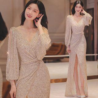 Long-sleeve V-neck Sequined Slit-front Mermaid Evening Gown