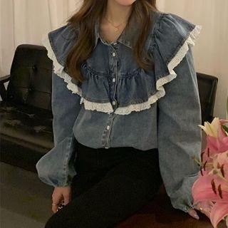 Ruffle Trim Lace Panel Denim Shirt Jacket Blue - One Size