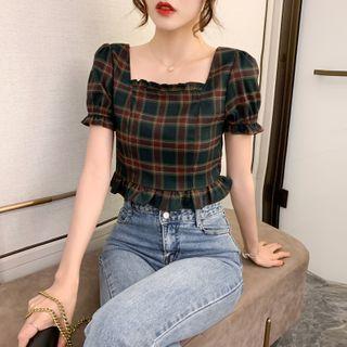 Plaid Short-sleeve Ruffled Cropped Blouse