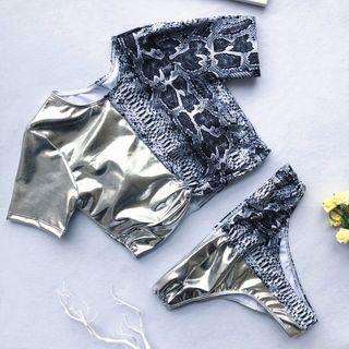 Short-sleeve Snake Print Panel Tankini