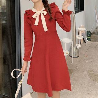 Bell-sleeve Ruffled Ribbon Knit A-line Dress