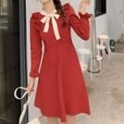 Bell-sleeve Ruffled Ribbon Knit A-line Dress