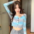 Long-sleeve Gradient Button T-shirt Blue & Gray & White - One Size