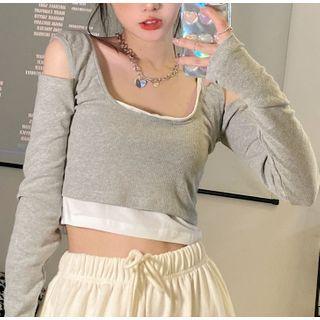 Long-sleeve Square-neck Cold-shoulder Cropped Top Gray - One Size