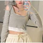 Long-sleeve Square-neck Cold-shoulder Cropped Top Gray - One Size