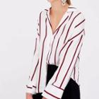 Long-sleeved Open-front Collared Striped Blouse