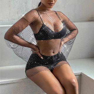 Long-sleeve Mesh Rhinestone Mini Bodycon Dress