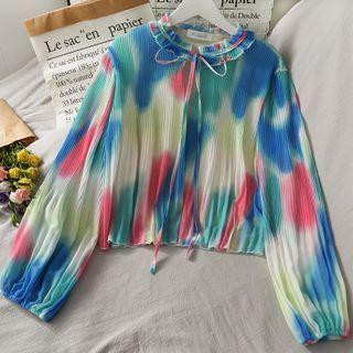 Gradient Tie-neckline Pleated T-shirt