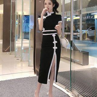 Short-sleeve Crochet Trim Midi Split Qipao