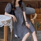 Puff-sleeve Floral Embroidered Cutout-back A-line Dress